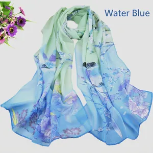 Detail of floral and bird print on gradient water blue chiffon scarf with sheer texture