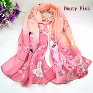 Peachy pink chiffon scarf with traditional Chinese flower and bird print on white background