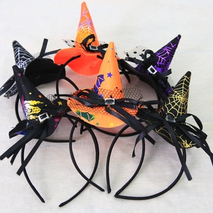 Halloween witch hat headbands with spider webs and bats in orange, purple and black colors