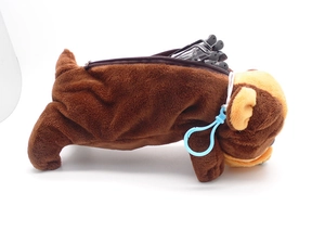 Detailed view of the plush dog pencil case with open zipper and blue plastic hook