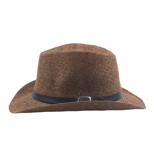 Brown woven straw sun hat with wide brim, black decorative belt and metal buckle for summer