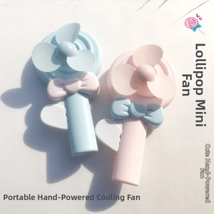 Close-up of pink and blue lollipop handheld fans with manual press cooling blades