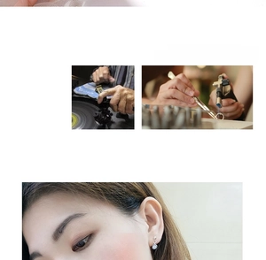 Detailed views of devil's eye silver drop earrings with female model wearing them
