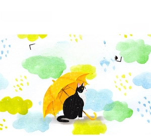 Detailed view of cat with umbrella sticker from vintage plant and floral box set