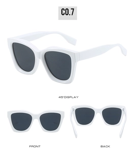Detailed views of white PC cat eye sunglasses showing front, back and 45-degree angle