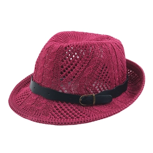 Summer breathable hollow knit fedora hat in dark pink with a black leather belt detail