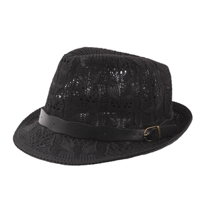 Black breathable mesh knit jazz hat with leather belt and golden metal buckle decor
