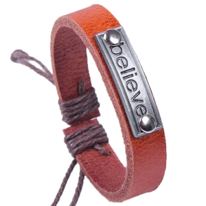 Brown braided leather bracelet with engraved Believe metal plate and adjustable cord