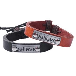Retro genuine leather braided bracelet with Believe engraved metal plate in black and brown