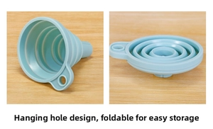 Detail of light blue collapsible silicone funnel with hanging hole for kitchen storage