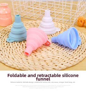 Collapsible silicone funnel set in four pastel colors for easy kitchen liquid dispensing