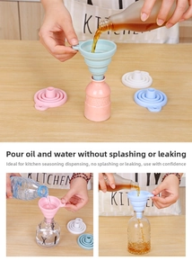 Close-up of flexible folding silicone funnels in four colors for kitchen liquid decanting