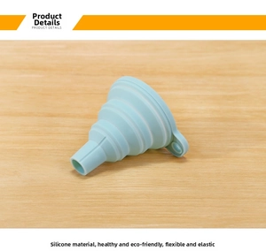 Detail of light blue collapsible silicone funnel with space-saving telescopic design