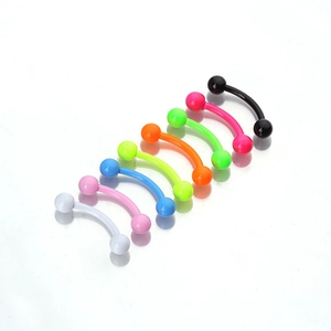 Eight neon-colored stainless steel curved barbell eyebrow rings in various vibrant shades