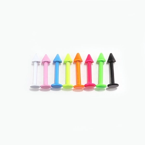 Set of eight colorful stainless steel cone lip rings in various neon and matte finishes