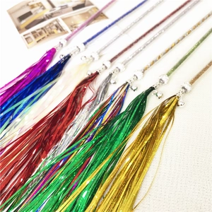 Rainbow tinsel cat wand toy with shiny metallic tassels and small bells for pet play