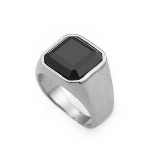Men's vintage stainless steel signet ring with a square black stone in a 45-degree view