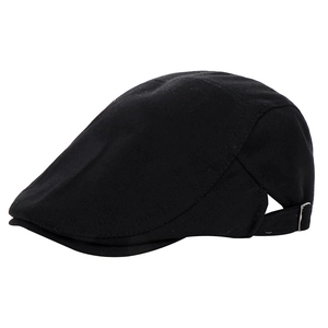 Classic black cotton flat cap for men and women with adjustable silver metal buckle