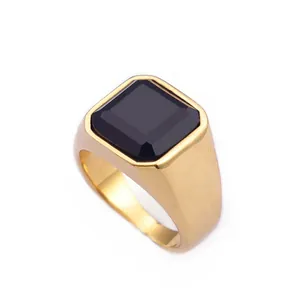 Men Signet Ring Stainless Steel Square Black Stone Retro Punk Industrial Style Geometric Jewelry For Him Gold Silver