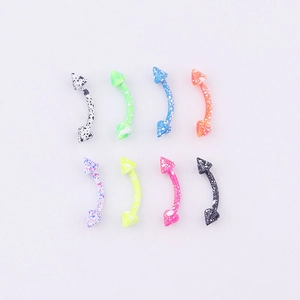 Detailed set of eight colorful speckled lacquer cone eyebrow rings on white background