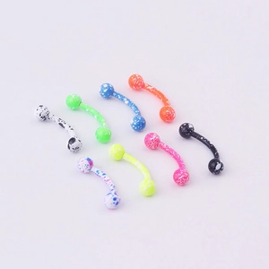 Set of 8 colorful paint-splattered curved barbell eyebrow rings made of stainless steel
