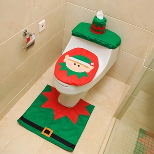 Vue détaillée du kit de décoration de toilettes lutin de Noël avec tapis et housse de réservoir