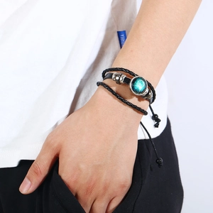 Luminous twelve zodiac layered braided leather bracelet with adjustable cord for couples