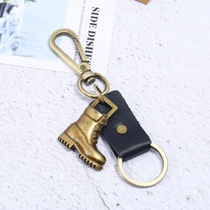 Vintage bronze alloy boot keychain with genuine black leather and lobster clasp