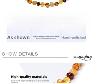 Detail of Baltic amber necklace showing mixed gold, fire and blood amber beads