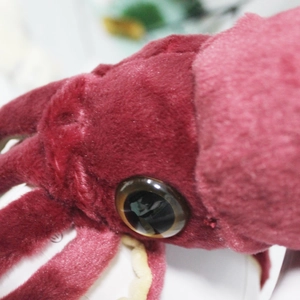 Detailed close-up of large glossy eye and soft burgundy plush texture on squid toy