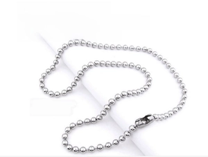 Detailed view of a 60cm silver titanium steel bead chain with a secure plug-in clasp