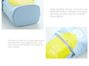 Detail of light blue telescopic pencil case showing bottom base and adjustable height feature