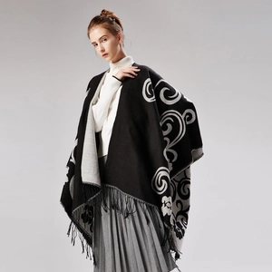 Women Imitation Cashmere Poncho Shawl Thickened Warm Geometric Floral Tassel Cloak Bohemian Retro Winter Wrap