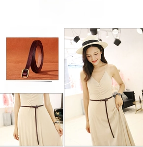 Detail of coffee brown leather skinny belt with a gold square buckle for women's dresses