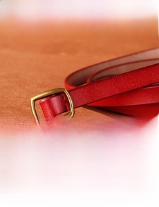 Close-up of a red leather belt featuring an antique bronze zinc alloy pin buckle