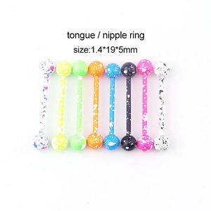 Set of 9 colorful paint-splatter tongue nipple rings in 1.4*19*5mm stainless steel