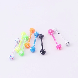 Set of seven stainless steel barbell piercings with colorful speckled paint patterns