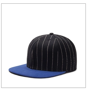 Side view of two-tone hip-hop baseball cap with blue and black panels and white stripes