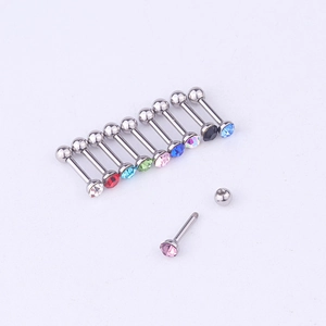 Detail of colorful rhinestone screw studs showing threaded structure and steel metal balls
