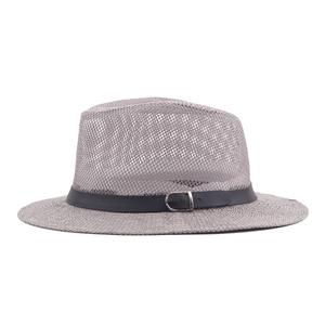 Men's breathable mesh grey straw jazz hat with black leather belt and silver buckle