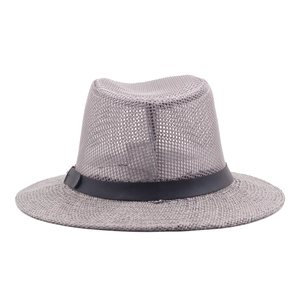 Breathable gray mesh fedora hat with wide brim and leather band for summer sun protection