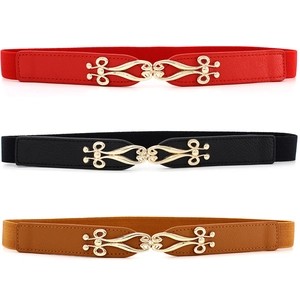 Trio of elastic waist belts for women in red, black and tan with gold alloy buckle