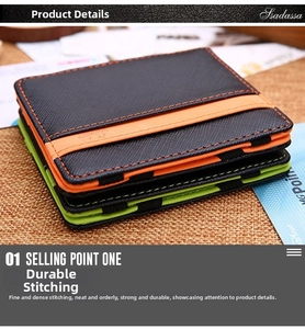 Detail shot of heavy duty stitching and color block design on slim magic wallets