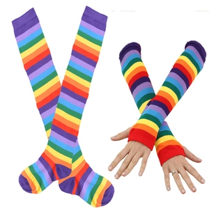 Rainbow striped long socks and fingerless arm warmers set in soft knitted cotton