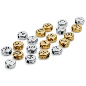 Flat round metallic alphabet beads in gold and silver finish for DIY jewelry making