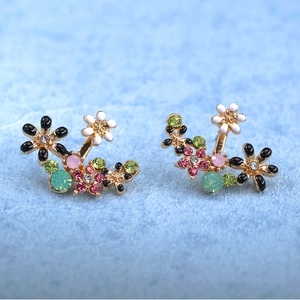 Elegant flower stud earrings with colorful rhinestones and enamel petals on gold base