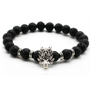 Men's natural black lava stone beaded bracelet featuring a silver dragon charm pendant