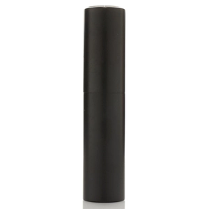 Close-up of a 10ml matte black twist-up travel perfume atomizer bottle on white