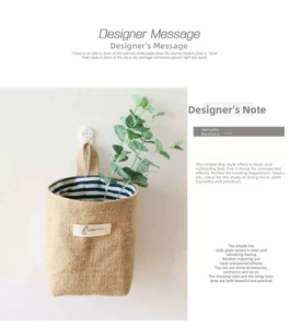 Detail of woven wall basket with blue striped lining and green eucalyptus leaves