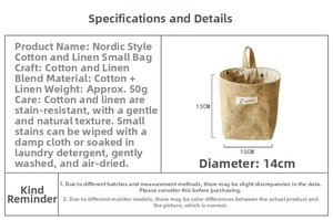 Detail specifications of Nordic style cotton linen storage bag showing texture and size